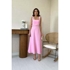 Robe longue en satin rose avec ceinture - Rose - Product Image 1
