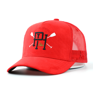 Wholesale Custom 5 Panel Red Suede 3D Puff Embroidery Logo Trucker Caps Hat Street Style Mesh Back Sporty Mesh Back Trucker Cap - Product Image 2