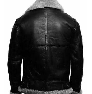 Custom <b>Men's</b> Black Shearling Sheepskin Leather <b>Jacket</b> Winter <b>Warm</b> Fur Lined Aviator Winter Aviator Bomber Coat Wholesale - Product Image 4