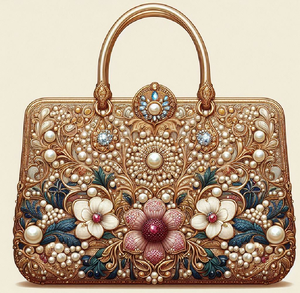 Exquisito bolso de noche de diseñador con perlas y detalles florales dorados. Disponible a precios de mayoreo. - Product Image 1