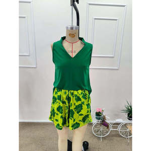 Women'<b>s</b> Strappy V-Neck Sandy <b>Blouse</b> <b>and</b> Patterned Shorts Two-Piece Set, 37823 - Green - Product Image 6