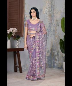 Saree Banarasi de seda pura para boda y fiesta con hermoso trabajo de bordado y blusa Georgette - Product Image 2