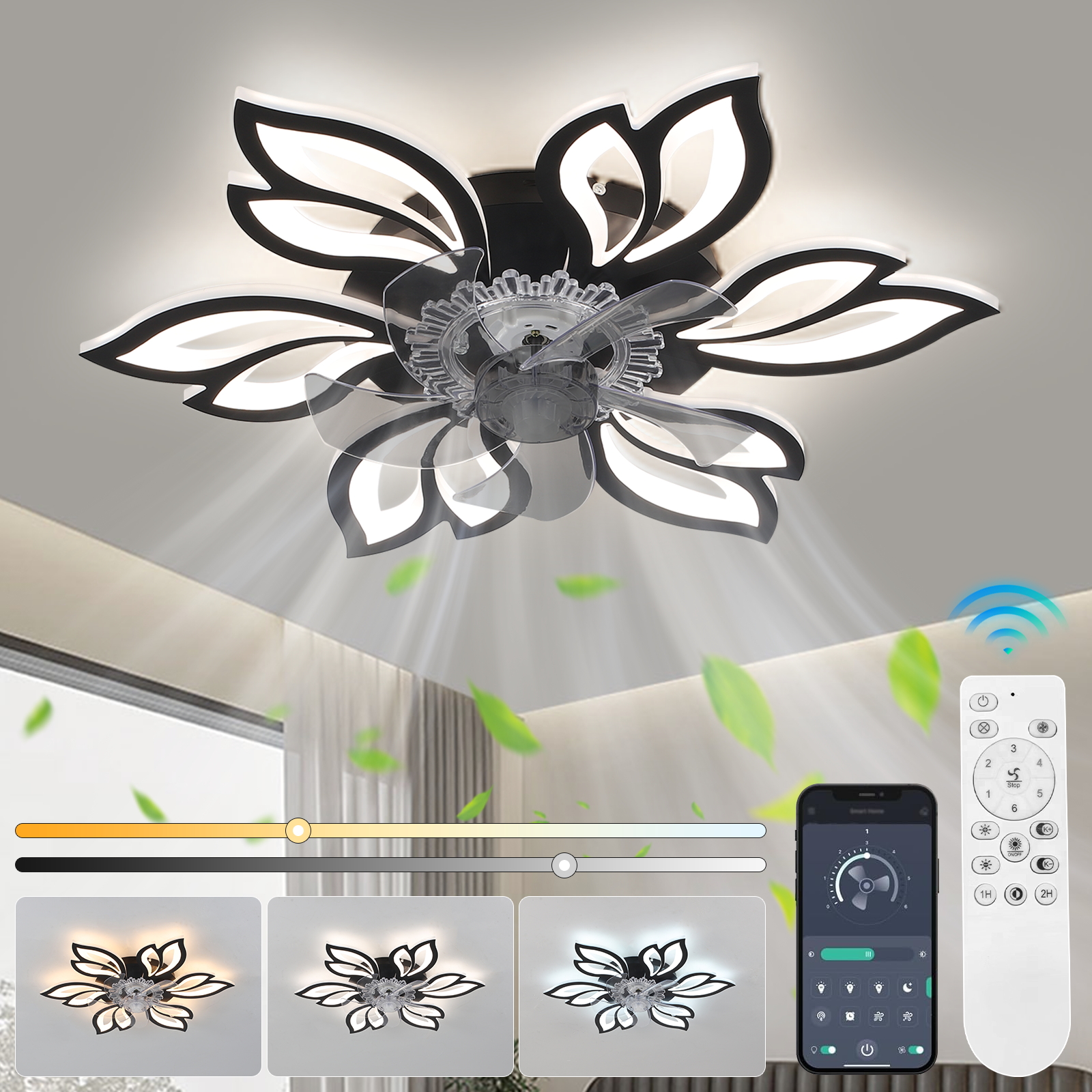Hot Selling Acrylic 3 Color Dimmable LED Ceiling Fan Light Timing 6 Wind Speed Remote Fan Lamp for Bedroom Living Room