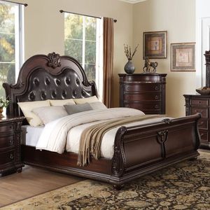 Cama de plataforma de madera maciza de diseño tradicional de caoba marrón antiguo clásica y duradera con características talladas a mano-5 piezas - Product Image 6