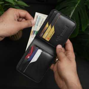 Portefeuille classique à double pli en cuir véritable No.55 Pro, anti-vol RFID, fermeture ouverte, doublure en cuir de vachette, fait main, garantie 5 ans - Product Image 1