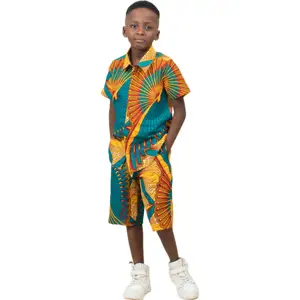 Conjunto de roupas infantis populares, novo conjunto de shorts de algodão africano primavera/verão, conjunto de shorts com gola suspensa e estampa britânica