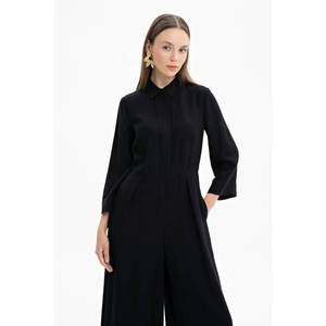 Women's Loose High Waist Black Viscose <b>Jumpsuit</b> with Print Mesh Patchwork for Office Gym <b>Workout</b> - Product Image 1