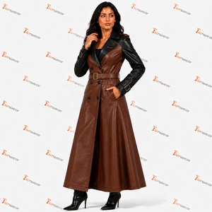 Tiierwear <b>Women's</b> Faux Leather Maxi Trench <b>Coat</b> <b>Double</b> <b>Breasted</b> Notched Collar Full Sleeve Windproof Autumn Outerwear - Product Image 2