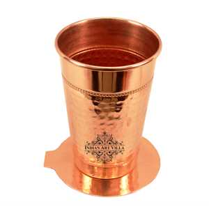 Vaso de Vidrio Hecho a Mano de 400 ml con Posavasos, Tapa de Cobre Puro, Diseño de 2 Anillos Martillados, Ideal para Regalos - Product Image 1