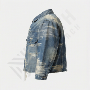 Veste en jean classique effet délavé pour homme et femme, vêtement décontracté, streetwear tendance, veste en jean rétro, col montant, logo sur le devant - Product Image 3