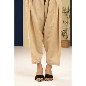 Shalwar Beige de Satén y Seda Cruda Bordado para Mujer, Tela de Satén Elegante con Decoración de Bordado Intrincado - Product Image 3