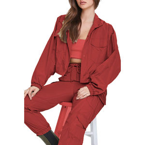 Chándal de invierno de secado rápido para mujer, chaqueta cortavientos, conjunto de pantalones de dos piezas, Top corto para correr de poliéster de nailon, pantalones cortos rápidos - Product Image 5