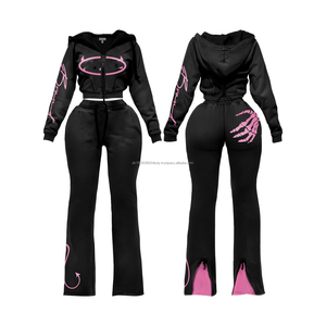 Conjunto de Sudadera Corta con Cremallera y Pantalones Anchos de Chándal para Mujer 2026 - Chándal de Alta Calidad con Bordado Desgastado Estilo Urbano - Product Image 1