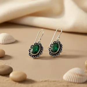 Vintage <b>Emerald</b>-Pear Flower Drop Earrings with Oval Green Crystal Inlay Antique Silver Plated Women's Engagement Jewelry Gift - Product Image 1