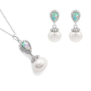 925 Sterling Silver Handmade Earrings Necklace <b>Set</b> Pear Faceted Cut Ethiopian Opal & 10 MM <b>Pearl</b> Gemstone Gold Plated Engagement - Product Image 1