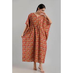 Free Size Red Floral Print Pure Cotton <b>Kaftan</b> Maxi Ethnic Dress Elegant <b>Summer</b> Beach ODM/OEM Service-SHKUP1243 - Product Image 6