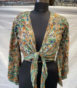 Ensemble de pyjama en soie Vintage indien haut court en soie recyclée haut portefeuille Palazzo femmes courte longueur été imprimé fleuri respirant cadeaux - Product Image 2