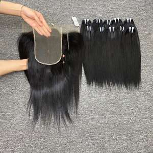 100% vietnamien Remy Machine Double dessiné ensemble os droit Transparent dentelle fermeture trame Extensions de cheveux 100g - Product Image 1