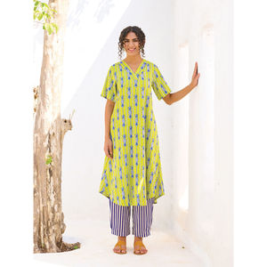 <b>Women's</b> Printed Cotton 2-Piece Kairi <b>Kurta</b> Set V-Neck Three Quarter Sleeve Regular Fit Casual Long Ankle Length Spring Summer - Product Image 1
