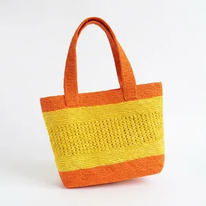 Bolso tote de rafia hecho a mano con rayas de ganchillo, bolso de playa informal para mujer, naranja y amarillo, dos asas, ligero, parte superior abierta - Product Image 1