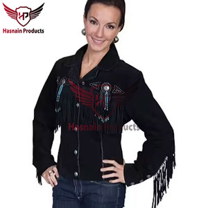 Womens Real Black Suede Leather <b>Jacket</b> <b>Fringe</b> Tassels Concho Beaded Sheepskin Western Cowgirl Native Coat Custom Winter Outer - Product Image 3