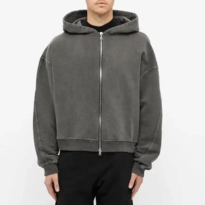 Sweat à capuche zippé pour hommes, sweats à capuche unis délavés à double fermeture éclair, sweats à capuche délavés à l'acide en éponge française pour hommes - Product Image 1