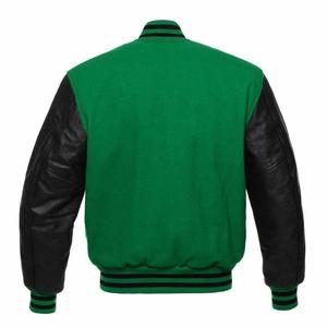 Chaqueta de béisbol Bomber Letterman Varsity de lana OEM personalizada de alta calidad 2024 para KELLY GREEN BLACK mangas de cuero Stand Thin - Product Image 3