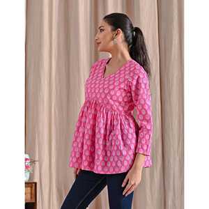 Top Peplum Rosa de Algodón Estampado Jaipuri, Transpirable, Casual, con Cintura Imperio - Product Image 5
