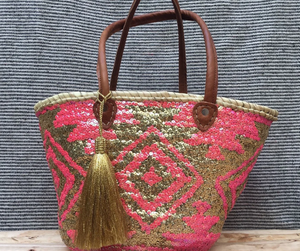 Straw <b>Bag</b> <b>Sequins</b> <b>Pink</b> & Gold | Woven Straw Beach <b>Bag</b> Leather Handles | Moroccan - Product Image 1