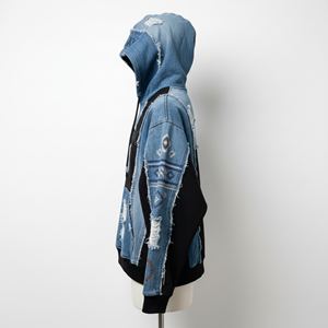 Custom Women Heavyweight Hoodie 500gsm Cotton Fleece Denim <b>Patchwork</b> Distressed Crop <b>Top</b> Vendors Pullover Manufacturer Wholesale - Product Image 3