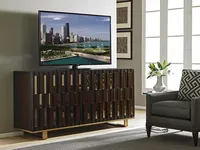 Console multimédia avec tiroirs de rangement et finition bois moderne