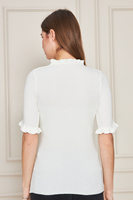 Blusa de punto acanalado de manga corta con volantes para mujer, cómoda y elegante, transpirable, de alta calidad