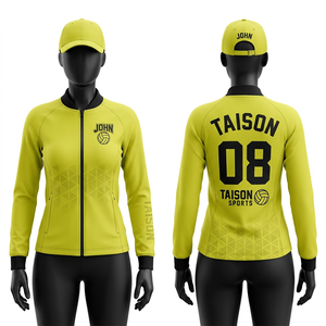 เสื้อแจ็คเก็ตฝึกซ้อมวอลเลย์บอลหญิง พรีเมียม ผ้าโพลีเอสเตอร์ผสมสแปนเด็กซ์ 220 GSM สีเขียวนีออน ดีไซน์แผงสีกรมท่า พร้อมโลโก้แบบซับลิเมชั่นตามสั่ง - Product Image 5