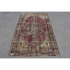 Alfombra turca Vintage roja y Beige, área grande clásica, 3,7x6,1 pies, respaldo de látex de lana, patrón abstracto, rectángulo de retazos de 10mm - Product Image 1