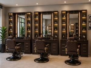 Estación de Estilismo de Barbería de Lujo en Color Marrón con Espejo LED, Estantes de Almacenamiento y Encimera, Muebles Profesionales Personalizados para Barbería - Product Image 2
