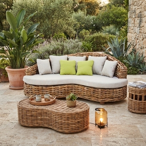 Outdoor Organic Curved Rattan Sofa Daybed Mahogany Wood Frame Cl Rattan Daphnie Cream Sr10 Lime Cushion Couch Setup Art - Product Image 5