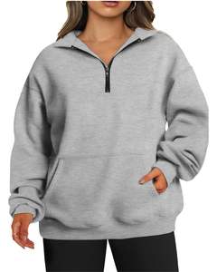 เสื้อสเวตเชิ้ตผ้าฟลีซสีเทาแบบซิปครึ่งตัวสำหรับผู้หญิง ทรงโอเวอร์ไซส์ อุ่นสบายสำหรับฤดูหนาว มีกระเป๋า นุ่มสบาย สไตล์ลำลอง ทรงหลวม - Product Image 1