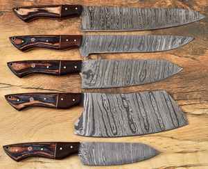 Cuchillo de cocina de hoja de acero de Damasco hecho a mano personalizado, 5 uds., nuevo juego de cuchillos de Damasco japoneses clásicos con Kit de cuero - Product Image 1