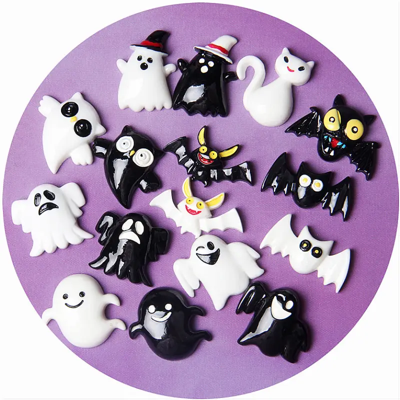 Black and white ghosts Halloween Flatback Resin Cabochon Kawaii Cabochons Embellishments DIY Jewelry Pendant Charms Accessories