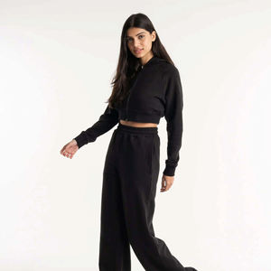 Womens <b>Black</b> Zip Up Cropped Hoodie and <b>Jogger</b> Set Two Piece Tracksuit Casual Loungewear Soft Fleece Matching Outfit - Product Image 1