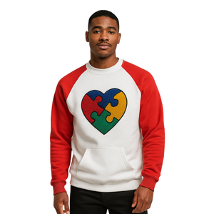 Concienciación sobre el autismo corazón rompecabezas Chenille bordado blanco cuello redondo mangas raglán pulóver sudadera Unisex algodón polar - Product Image 1