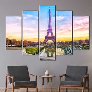 Obra de arte impresa en lienzo: Puesta de sol en la Torre Eiffel, paisaje urbano de París, mezcla de 5 piezas: envoltura tipo galería - Product Image 1