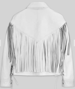 White PU Leather Jacket With Fringe And <b>Lace</b>-Up Sleeves Turn-Down <b>Collar</b> Casual Short Style Autumn Wear - Product Image 3