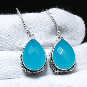 Boucles d'oreilles pendantes en argent sterling 925 faites à la main belle pierre précieuse calcédoine bleue prix de gros fêtes de charme chrétien - Product Image 3