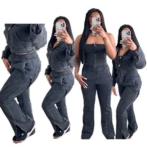 Conjunto de Sudadera con Capucha y Pantalones Largos para Mujer Sial Apparel, con Bordado Desgastado, Estilo Deportivo, Color Negro Lavado Ácido - Product Image 1