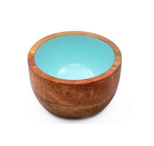 Ensaladera de madera de mango de tamaño personalizado más vendida con esmalte de impresión de zarzo hecho en India - Product Image 1