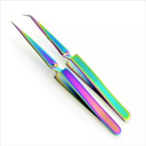 Pincette d'extension de cils de qualité professionnelle en acier inoxydable, revêtement Plasma multi-arc-en-ciel 12cm X Action croisée droite pointue - Product Image 4