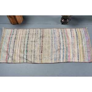 Alfombra turca vintage de 1,9x4,4 pies, diseño de retazos clásico hecho a mano blanco rústico para entrada de adolescentes, Material de lana, respaldo de látex - Product Image 3