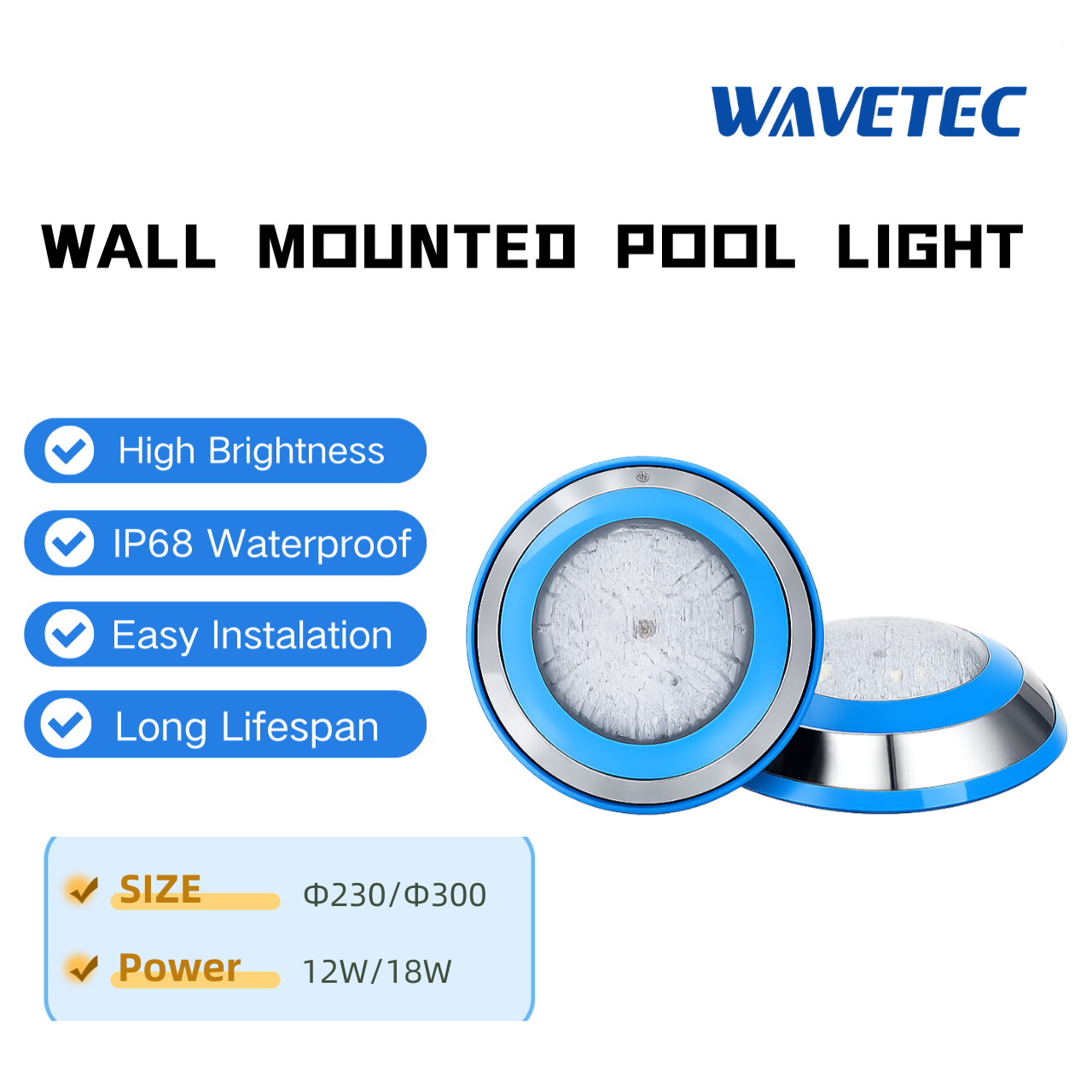 Swimming Pool Lights LED IP68 Waterproof 12W Plastic & Stainless Steel