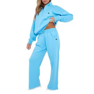 Ensemble sweat-shirt à demi-zip pour femme avec pantalon à jambe droite, logo minimal, décontracté, coordonné, pour la fourniture de vêtements en gros - Product Image 2